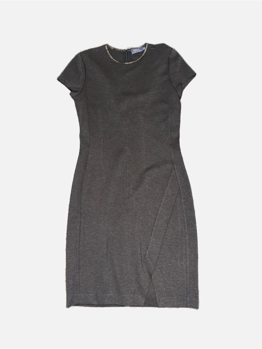 Polo Ralph Lauren Short Sleeve Leather Faux -Neck Sheath Dress in Charcoal Small